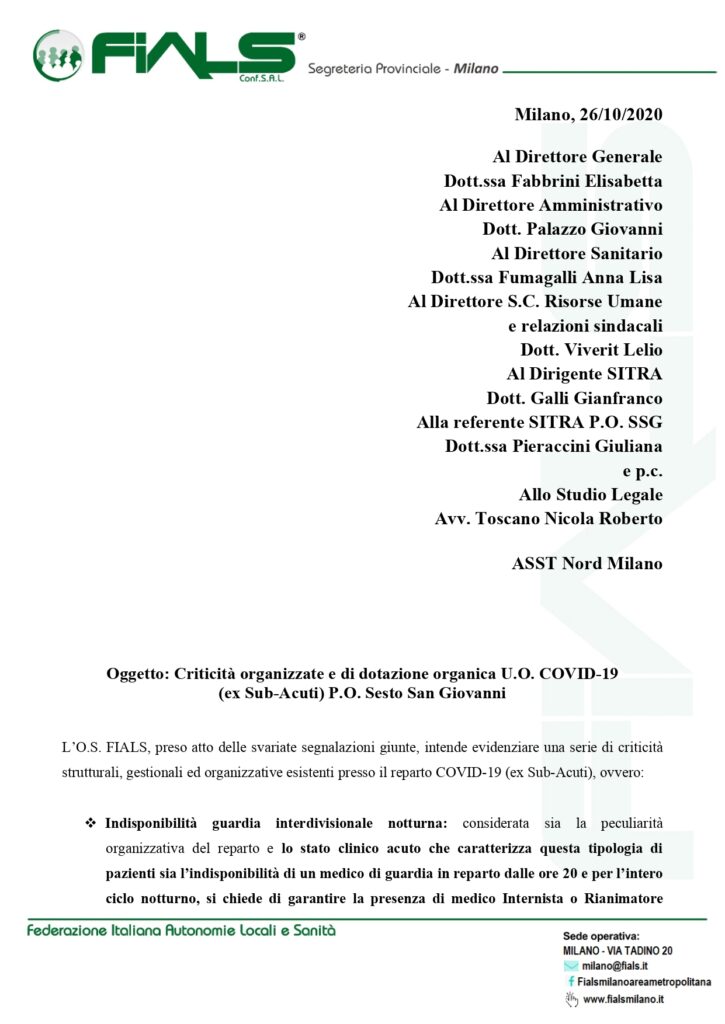 Asst Nord Milano Criticita Organizzative E Di Dotazione Organica U O Covid 19 Ex Sub Acuti P O Sesto San Giovanni Sindacato Fials Milano