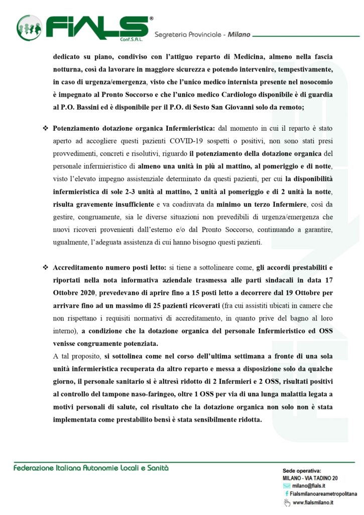 Asst Nord Milano Criticita Organizzative E Di Dotazione Organica U O Covid 19 Ex Sub Acuti P O Sesto San Giovanni Sindacato Fials Milano