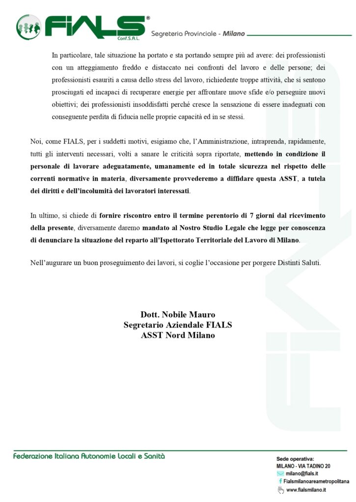 Asst Nord Milano Criticita Organizzative E Di Dotazione Organica U O Covid 19 Ex Sub Acuti P O Sesto San Giovanni Sindacato Fials Milano